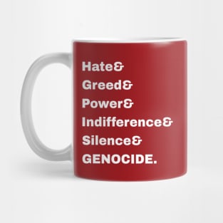 Hate& Greed& Power& Indifference& Silence& GENOCIDE. - Settler& Exploitation& Plantation& Surrogate& Internal& Colonialism = OPPRESSION! - Double-sided Mug